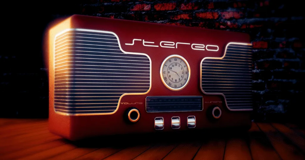 Sintonizador am e fm com o designe clássico dos antigos tempos da Rádio Nostalgia.