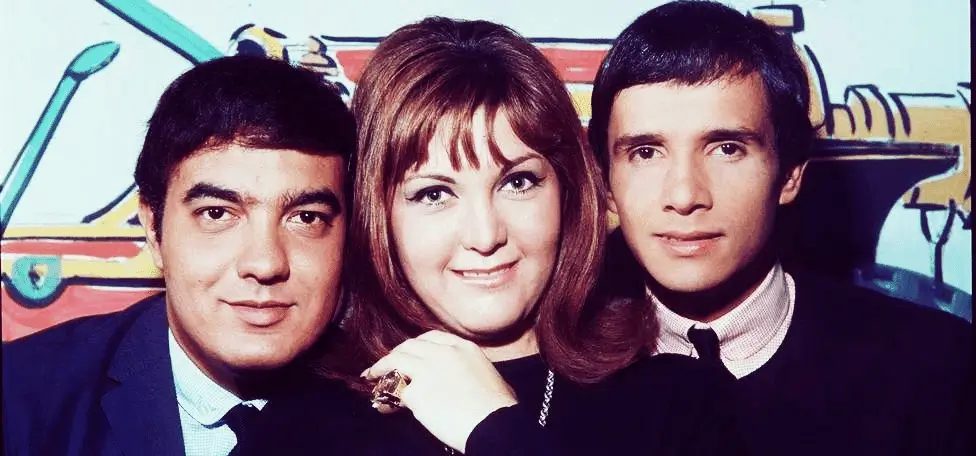 Os apresentadores do Programa Jovem Guarda, Erasmo Carlos, Wanderlea e Roberto Carlos, década de 1960.