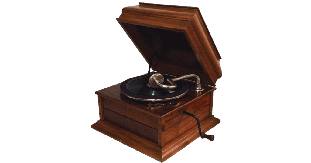 Gramofone (com agulha e discos de goma-laca)