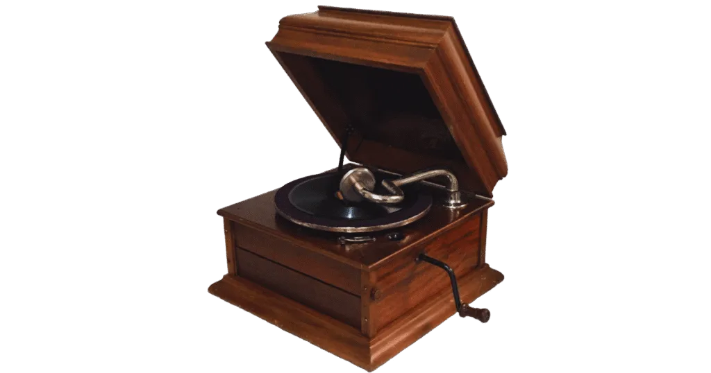 Gramofone (com agulha e discos de goma-laca)