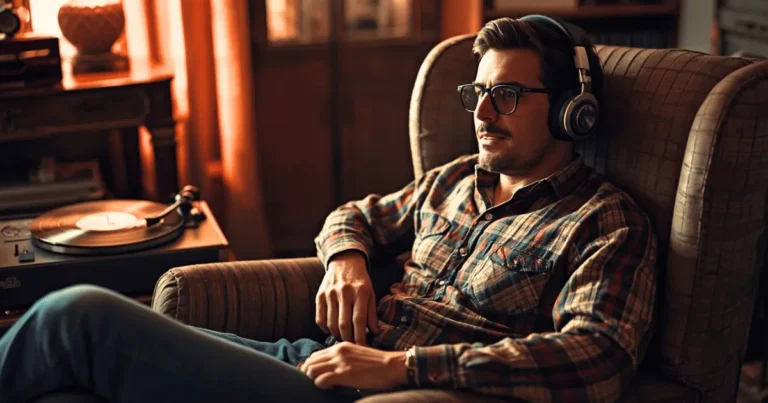 Homem de meia idade sentado em sua poltrona relaxa ao som do disco de vinil