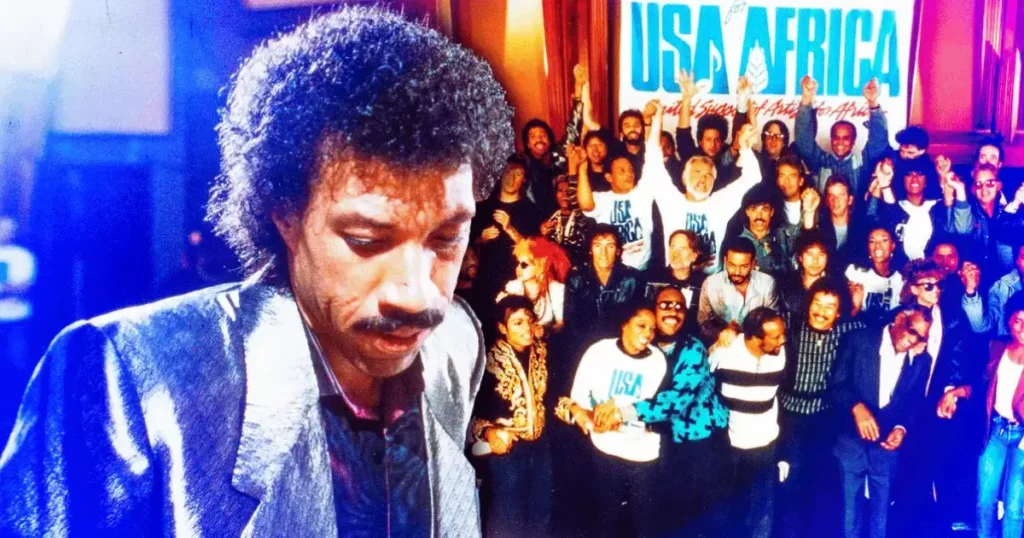 Lionel Richie, o compositor, ao lado de Michael Jackson da canção We Are The World.