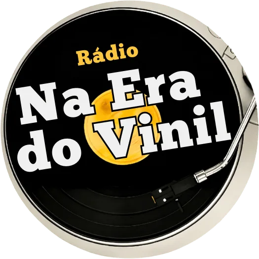 Logo da rádio Na Era do Vinil, que é um disco de vinil com o braço e agulha sobre o disco.