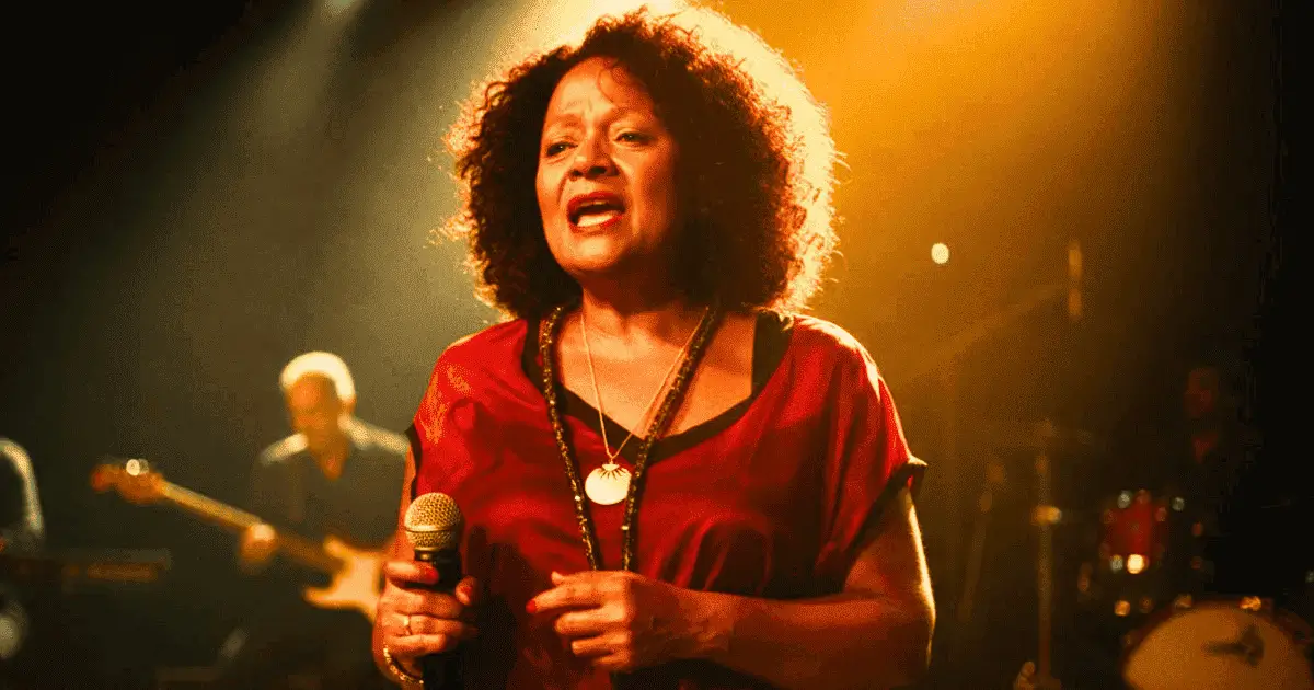 REgina Corrêa, integrante do grupo Trio Esperança em bela foto em que se apresenta no palco.