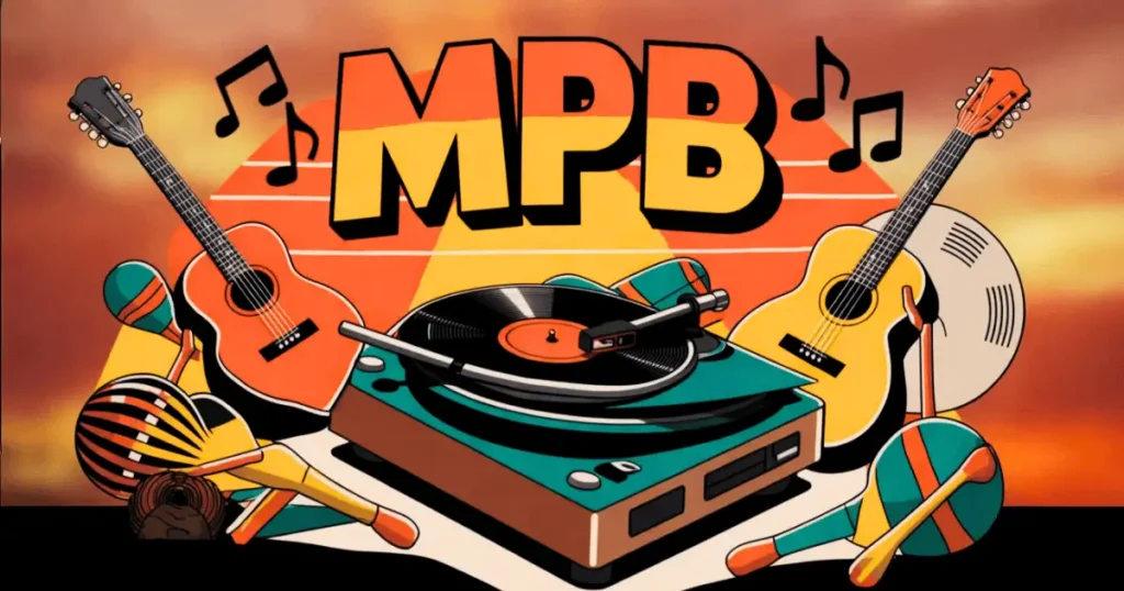 Imagem alegre, com vitrola, violões e cores vivas. A imagem é capa do texto sobre os Clássicos da MPB.