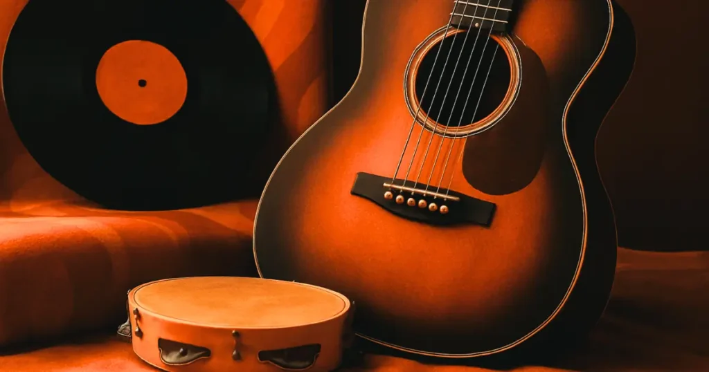 Na imagem temos um disco de vinil, pandeiro e violão. Estes elementos estiveram presentes nas melhores músicas brasileiras na década de 1970, nos clássicos da MPB.